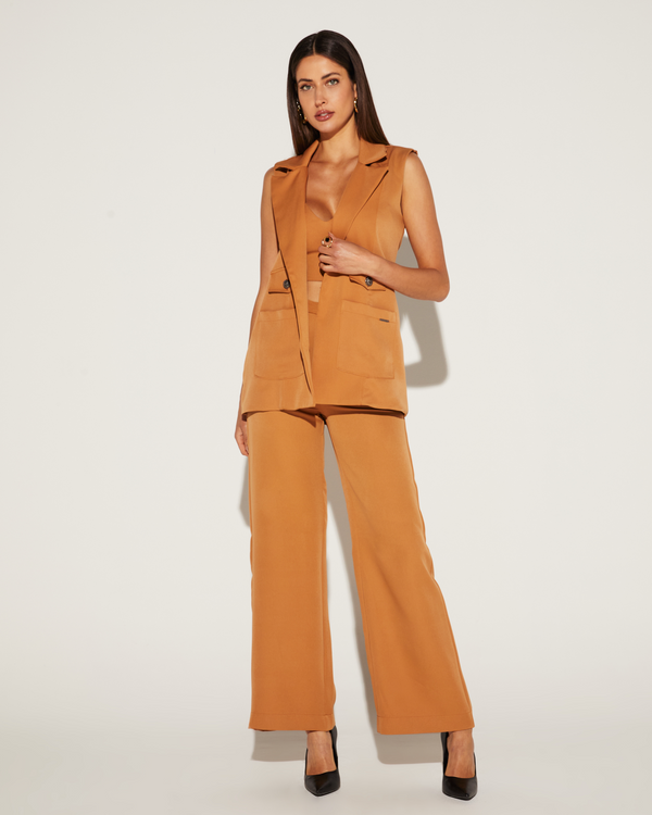 CONJUNTO COLETE FEMININO ALONGADO COM CALÇA ALFAIATARIA ONÇA PRETA