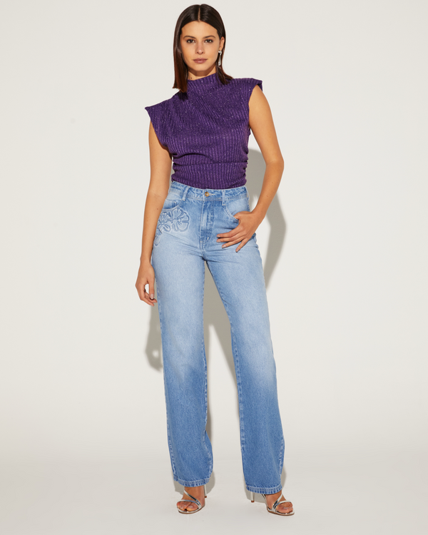 CALÇA RETA JEANS EMBOLSE JEANS ONÇA PRETA