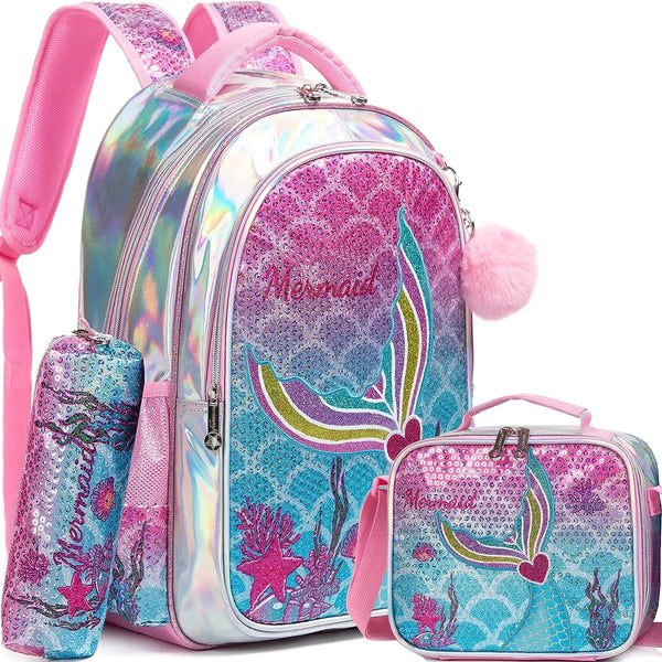 Mochila Lantejoula com lancheira para alunos do ensino fundamental, mochilas escolares meninas, 16