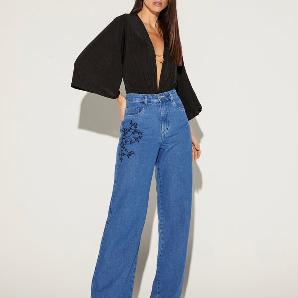 CALÇA WIDELEG FEMININA JEANS BORDADO JEANS ONÇA PRETA