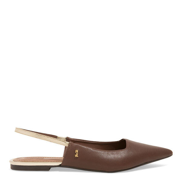 Sapatilha Slingback couro confort marrom bico fino tira metalizada