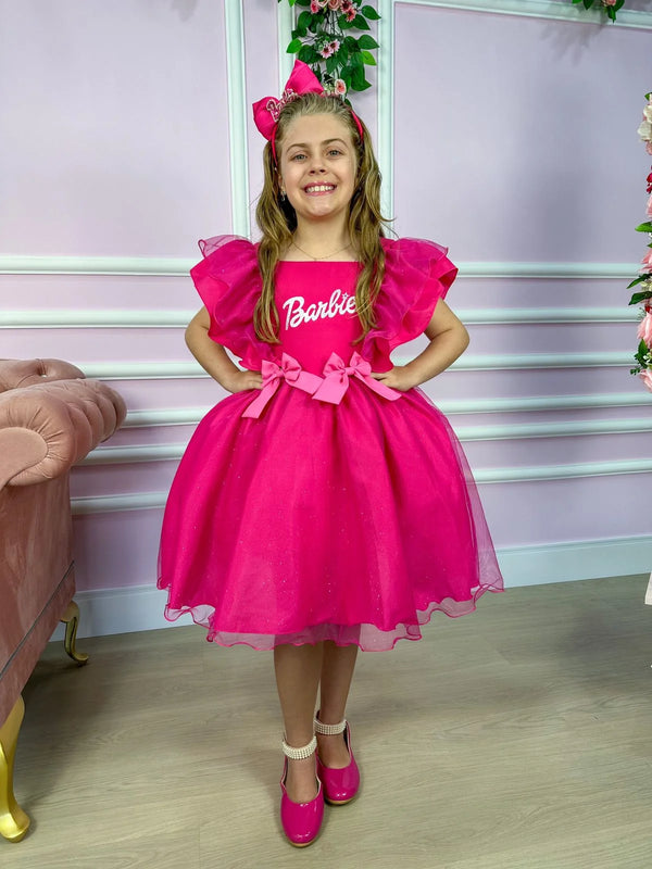 Vestido Princesa Belli Tematico Barbie Pink Babado Glamim