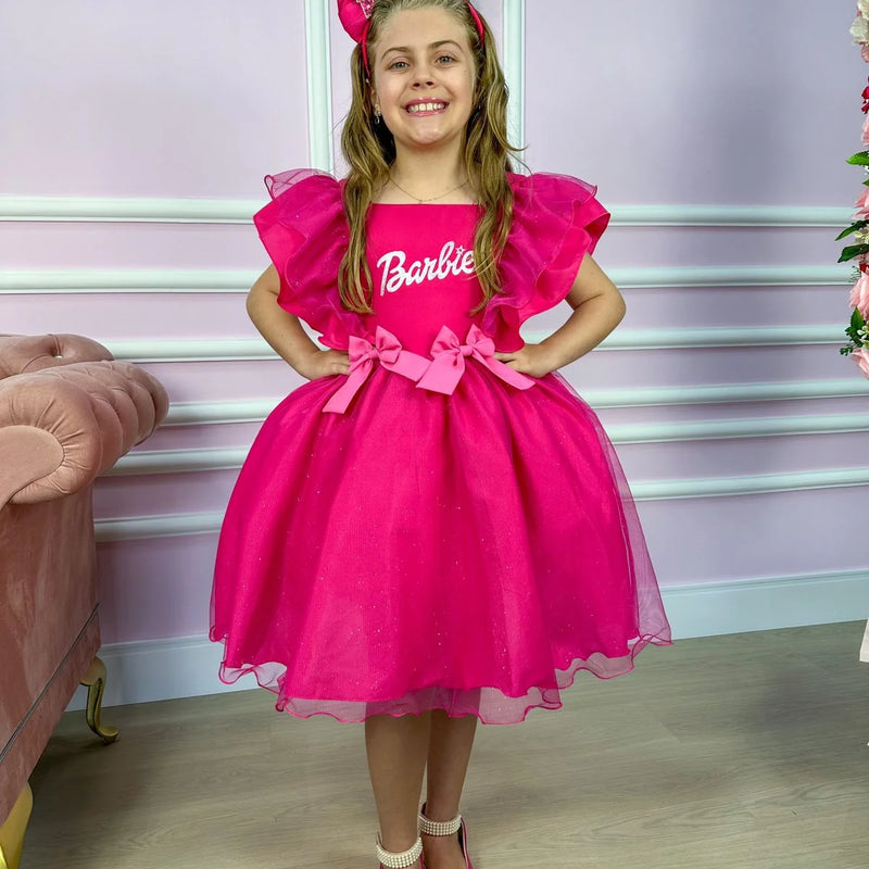 Vestido Princesa Belli Tematico Barbie Pink Babado Glamim