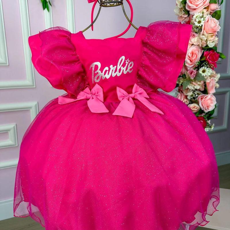 Vestido Princesa Belli Tematico Barbie Pink Babado Glamim