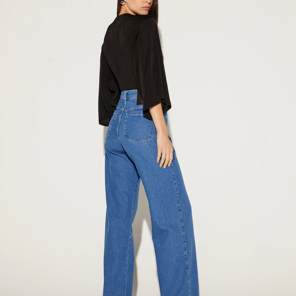 CALÇA WIDELEG FEMININA JEANS BORDADO JEANS ONÇA PRETA