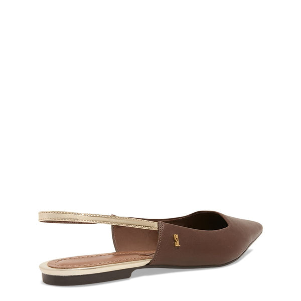 Sapatilha Slingback couro confort marrom bico fino tira metalizada