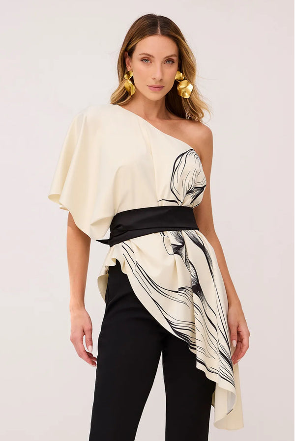 BLUSA AMPLA ESTAMPADA OMBRO ÚNICO