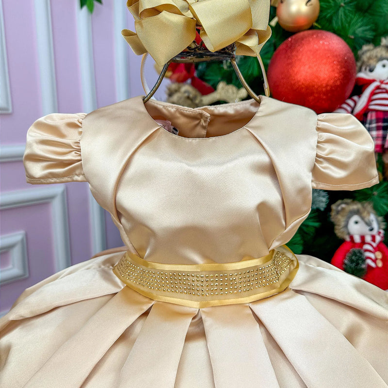 Vestido Miss Sweet Dourado Cinto Brilho - Glamim
