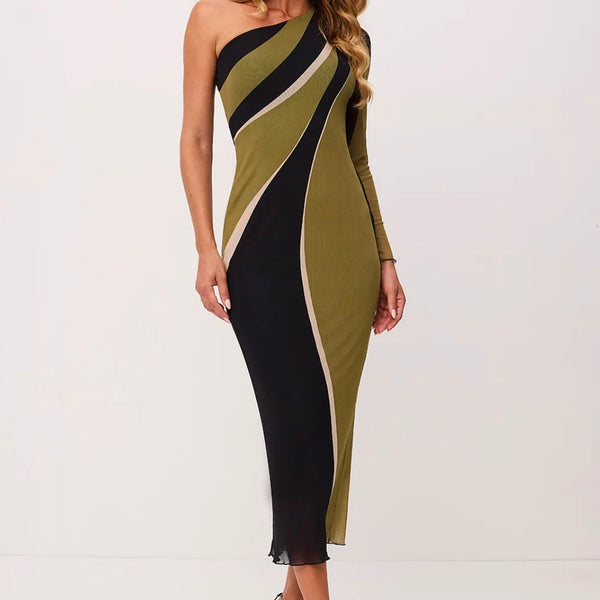 VESTIDO SUPER MIDI ESTAMPADO COM OMBRO ÚNICO