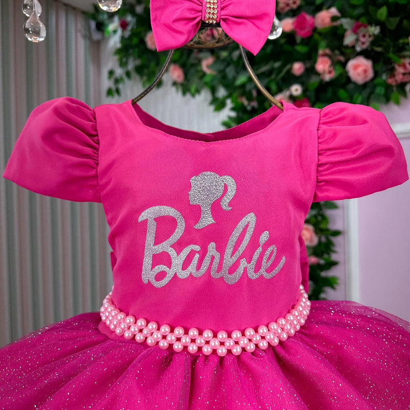 Vestido Tematico Barbie Pink Glitter Glamim