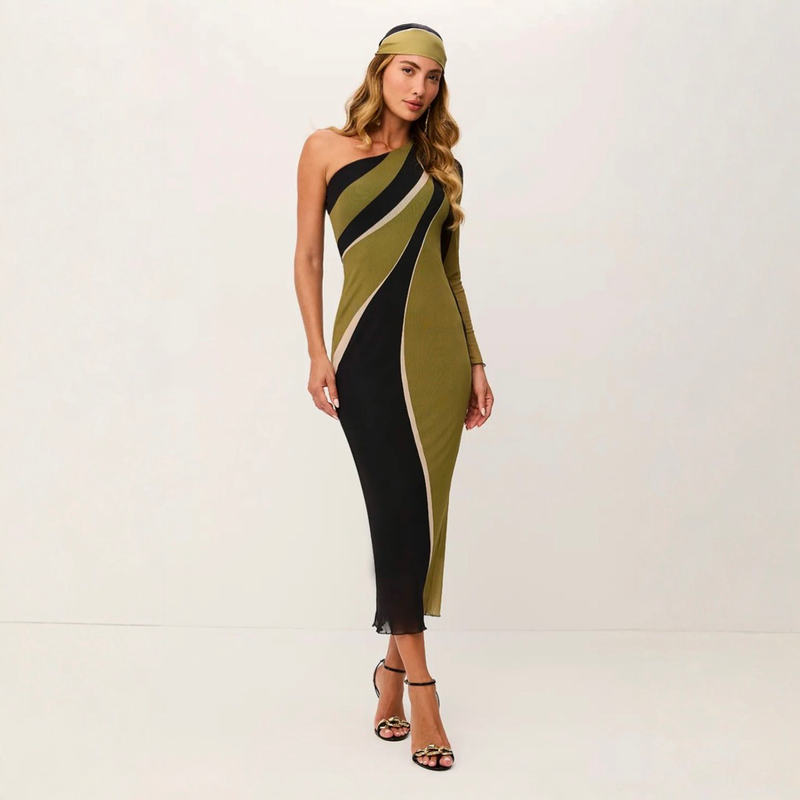 VESTIDO SUPER MIDI ESTAMPADO COM OMBRO ÚNICO