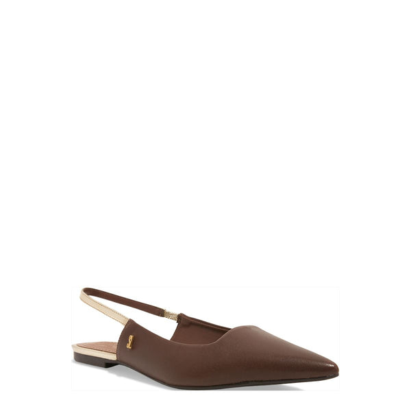 Sapatilha Slingback couro confort marrom bico fino tira metalizada