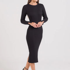 Vestido Tricot Canelado com Fenda ALESSANDRA