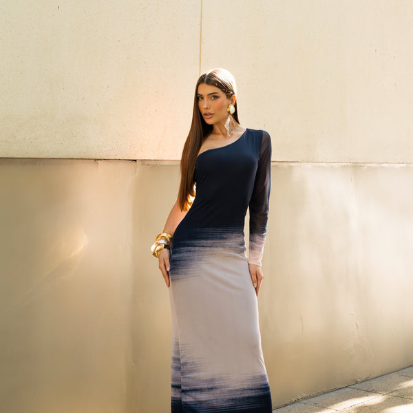 Vestido Super Midi Estampado Ombro Único