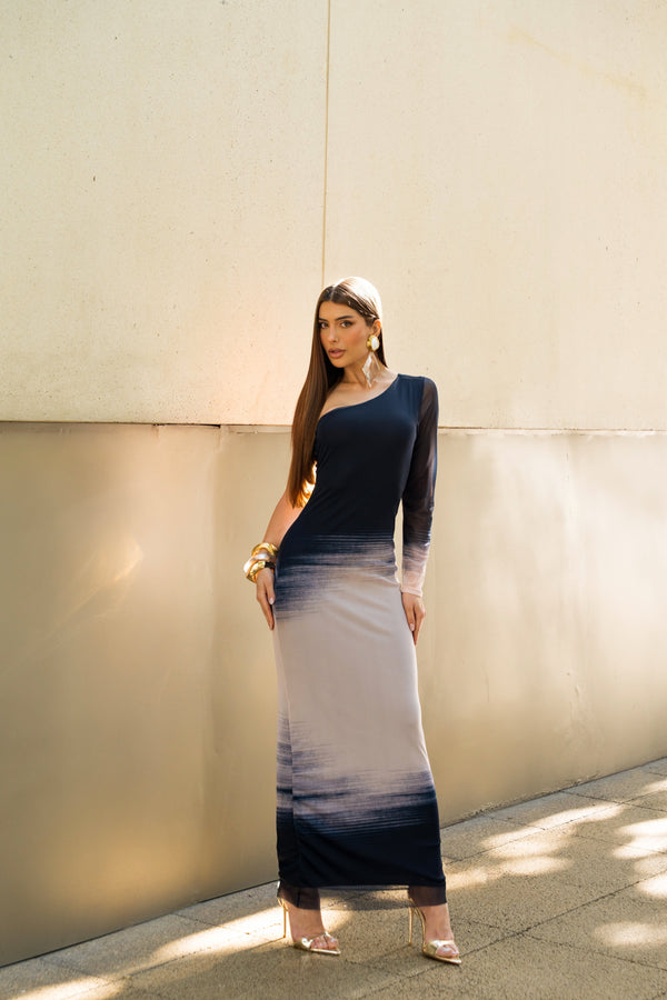 Vestido Super Midi Estampado Ombro Único