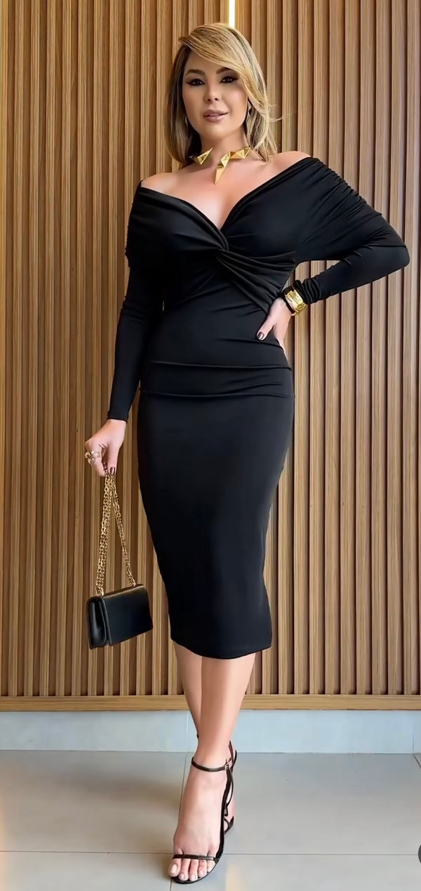 VESTIDO MIDI FEMININO TORÇAO ONÇA PRETA