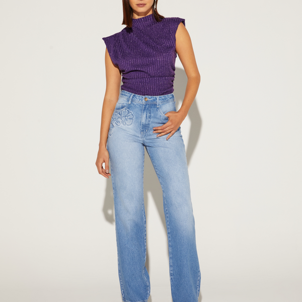 CALÇA RETA JEANS EMBOLSE JEANS ONÇA PRETA