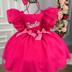 Vestido Princesa Belli Tematico Barbie Pink Babado Glamim