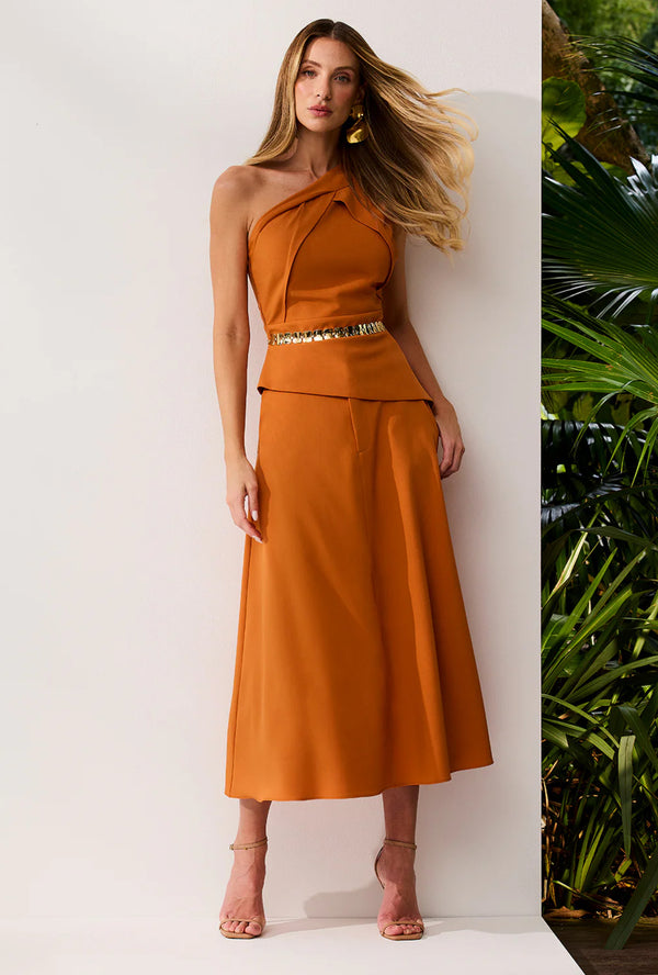 Saia Super Midi Lisa Evasê Com Bolsos Faca