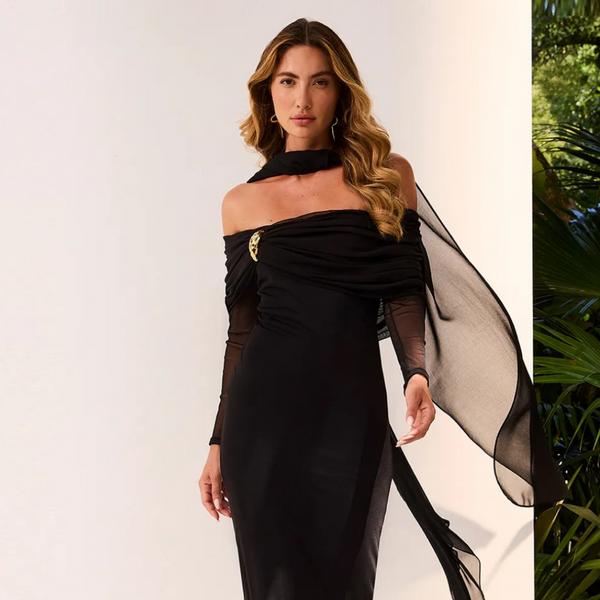 VESTIDO SUPER MIDI LISO OMBRO A OMBRO
