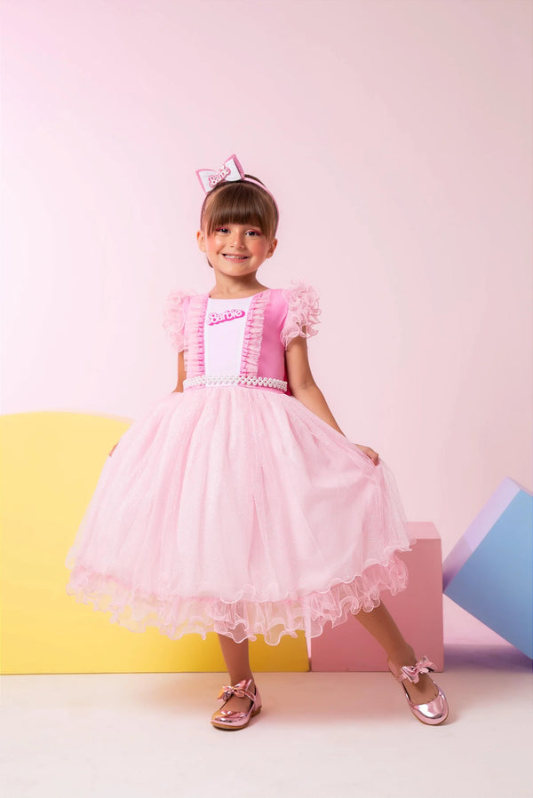 Vestido Princesa Belli Tematico Barbie Rosa Glamim