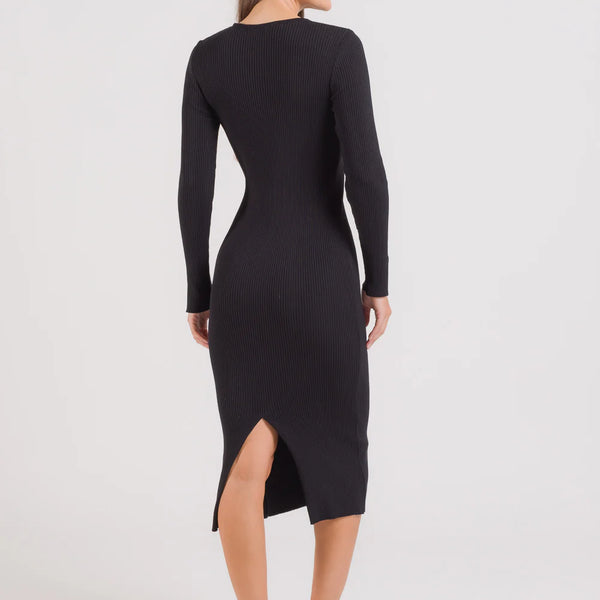 Vestido Tricot Canelado com Fenda ALESSANDRA