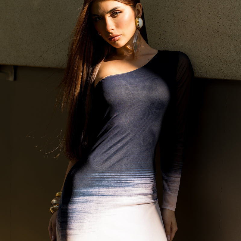 Vestido Super Midi Estampado Ombro Único