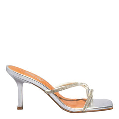 Mule Shiny Napa Metalizado Prata Salto Médio