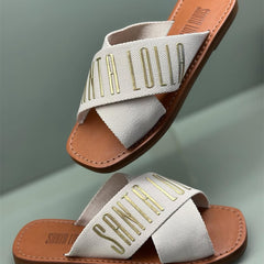 Rasteira Tiras Cruzadas Gorgurão Bege Cru