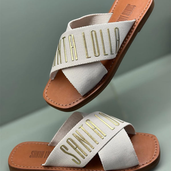 Rasteira Tiras Cruzadas Gorgurão Bege Cru