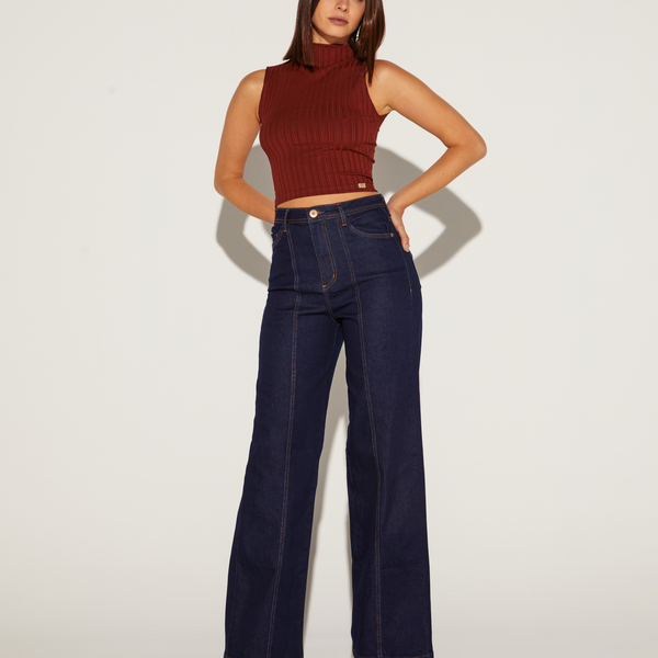 CALÇA FEMININA WIDE RECORTE JEANS ONCA PRETA