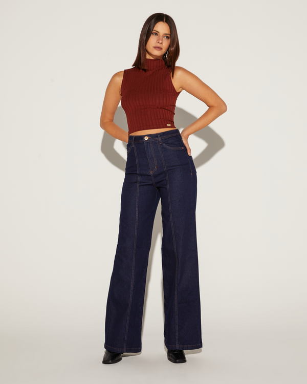 CALÇA FEMININA WIDE RECORTE JEANS ONCA PRETA