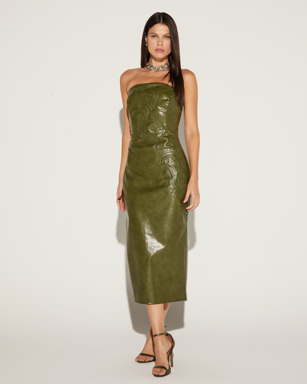 VESTIDO TOMARA QUE CAIA MIDI ONÇA PRETA COURO