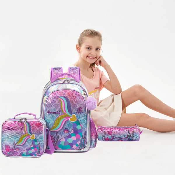 Mochila Lantejoula com lancheira para alunos do ensino fundamental, mochilas escolares meninas, 16