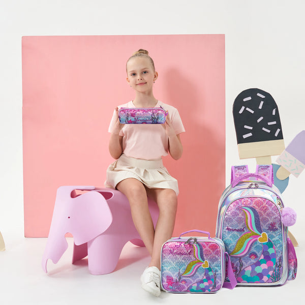 Mochila Lantejoula com lancheira para alunos do ensino fundamental, mochilas escolares meninas, 16