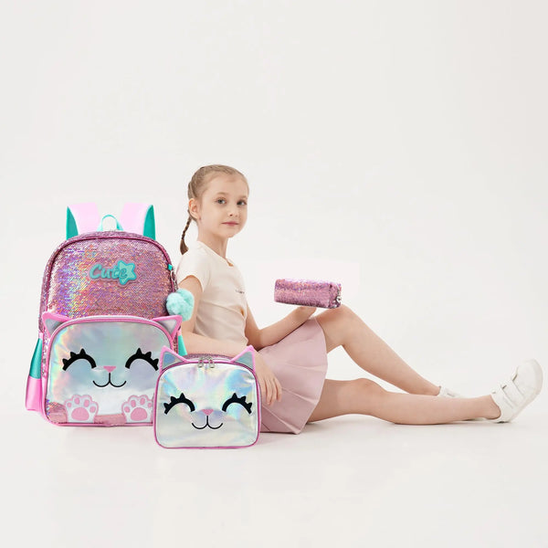 Pink mochila para alunos elementares, adolescentes, beleza bonito, 3pcs