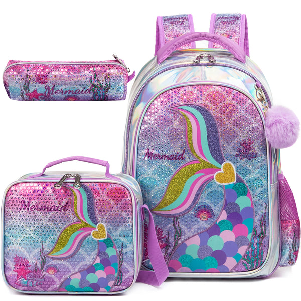 Mochila Lantejoula com lancheira para alunos do ensino fundamental, mochilas escolares meninas, 16