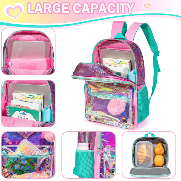 Meetbelify Mochila para Estudantes do Jardim de Infância Elementar, Meninas Limpar Bookbag, Saco De Viagem Em Tamanho Inteiro com Lancheira