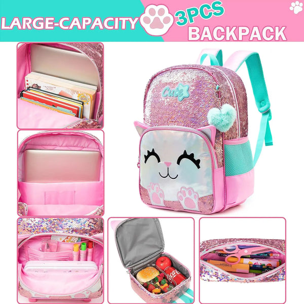 Pink mochila para alunos elementares, adolescentes, beleza bonito, 3pcs