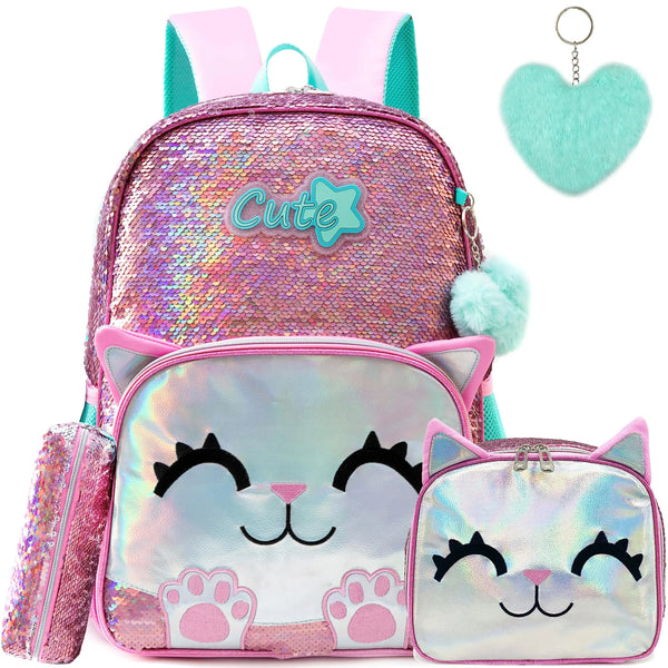 Pink mochila para alunos elementares, adolescentes, beleza bonito, 3pcs